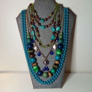 Vintage blue green leaf wood turquoise beaded boho necklace lot
